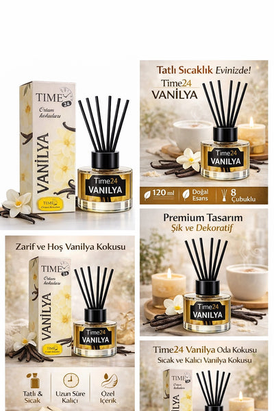 TIME24 Vanilya Oda Kokusu 50 ml Çubuklu Ortam Kokusu – Tatlı ve Kalıcı Vanilya Kokusu