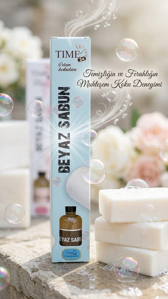 TIME24 Beyaz Sabun Oda Kokusu 50 ml – Çubuklu Ortam Kokusu | Kalıcı Ferah Ev & Ofis Kokusu Reed Diffuser