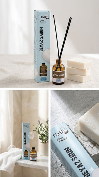 TIME24 Beyaz Sabun Oda Kokusu 50 ml – Çubuklu Ortam Kokusu | Kalıcı Ferah Ev & Ofis Kokusu Reed Diffuser