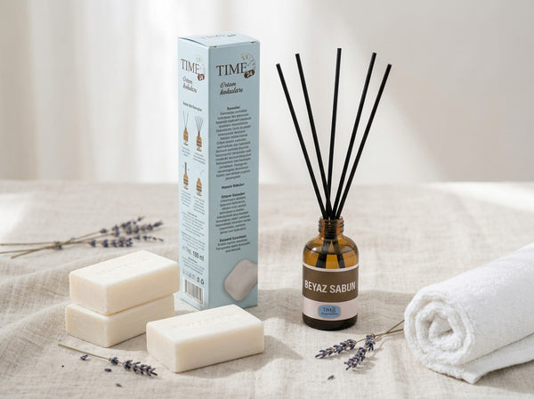 TIME24 Beyaz Sabun Oda Kokusu 50 ml – Çubuklu Ortam Kokusu | Kalıcı Ferah Ev & Ofis Kokusu Reed Diffuser