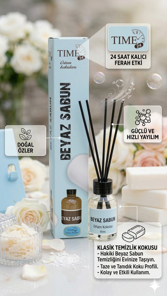 TIME24 Beyaz Sabun Oda Kokusu 50 ml – Çubuklu Ortam Kokusu | Kalıcı Ferah Ev & Ofis Kokusu Reed Diffuser