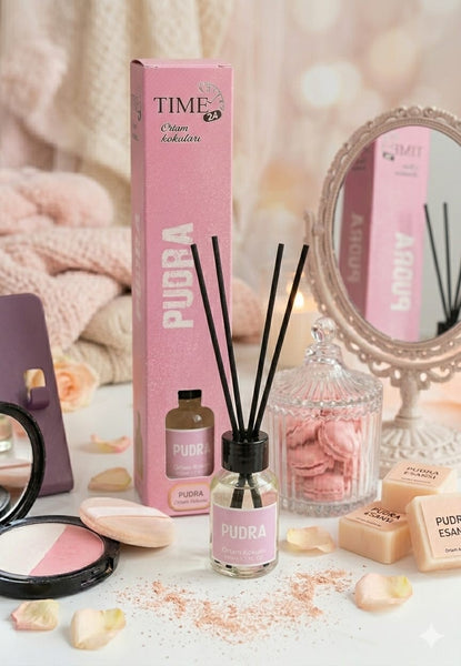 TIME24 Pudra Oda Kokusu 50 ml – Çubuklu Reed Diffuser Ortam Kokusu | Kalıcı Ferah Ev, Ofis, Banyo Kokusu