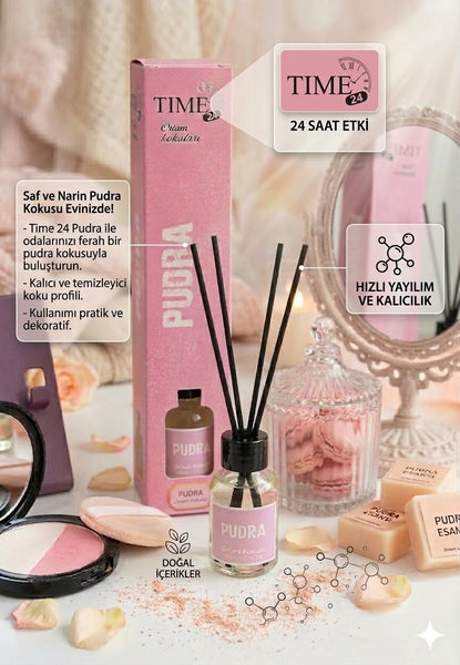 TIME24 Pudra Oda Kokusu 50 ml – Çubuklu Reed Diffuser Ortam Kokusu | Kalıcı Ferah Ev, Ofis, Banyo Kokusu