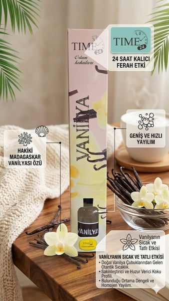 TIME24 Vanilya Oda Kokusu 50 ml Çubuklu Ortam Kokusu – Tatlı ve Kalıcı Vanilya Kokusu